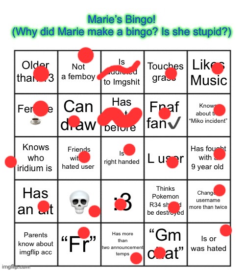 The Marie Bingo! | image tagged in the marie bingo | made w/ Imgflip meme maker