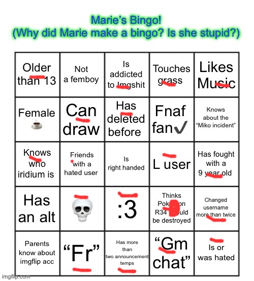 The Marie Bingo! | image tagged in the marie bingo | made w/ Imgflip meme maker