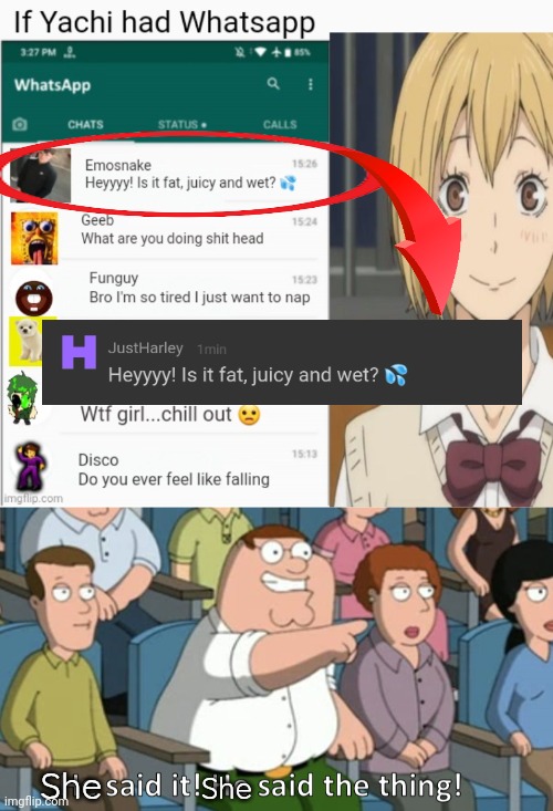 Meow | She; She | image tagged in if yachi had whatsapp,he said the thing | made w/ Imgflip meme maker
