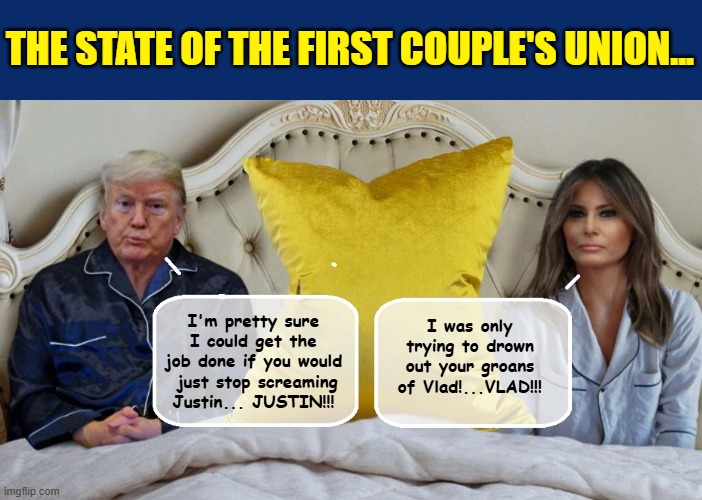 THE REAL REASON TRUMP HATES CANADA... | THE STATE OF THE FIRST COUPLE'S UNION... I'm pretty sure I could get the job done if you would  just stop screaming Justin... JUSTIN!!! I was only trying to drown out your groans of Vlad!...VLAD!!! | image tagged in melania trump,vladimir putin,donald trump is an idiot,donald trump the clown | made w/ Imgflip meme maker