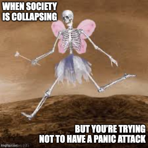 When society is collapsing but you’re trying not to have a panic attack | WHEN SOCIETY IS COLLAPSING; BUT YOU’RE TRYING NOT TO HAVE A PANIC ATTACK | image tagged in skeleton fairy | made w/ Imgflip meme maker