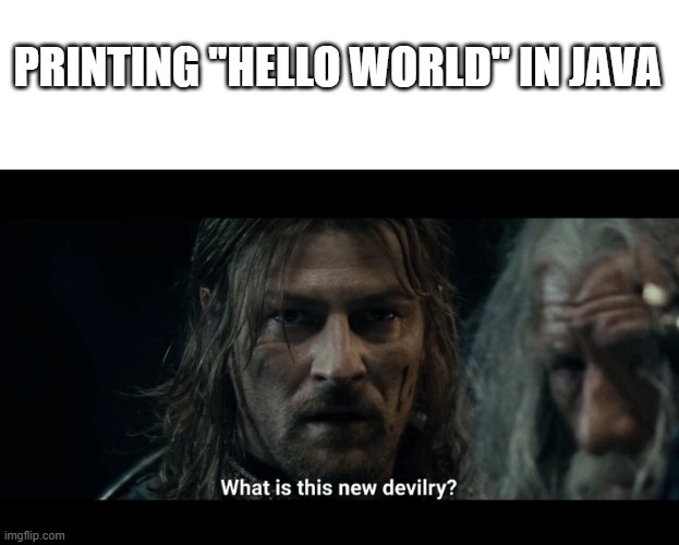 Ain't no way I'm learning Java it's so scuffed | PRINTING "HELLO WORLD" IN JAVA | image tagged in what is this new devilry | made w/ Imgflip meme maker