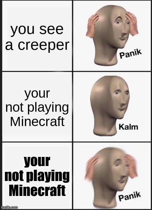 Panik Kalm Panik | you see a creeper; your not playing Minecraft; your not playing Minecraft | image tagged in memes,panik kalm panik | made w/ Imgflip meme maker