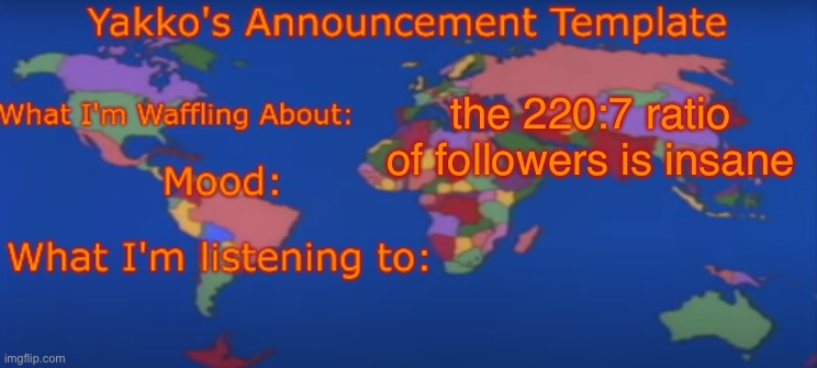 Yakko's Announcement Template V4 | the 220:7 ratio of followers is insane | image tagged in yakko's announcement template v4 | made w/ Imgflip meme maker