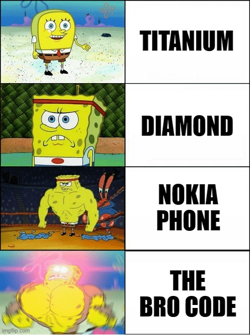 Sponge Finna Commit Muder | TITANIUM; DIAMOND; NOKIA PHONE; THE BRO CODE | image tagged in sponge finna commit muder | made w/ Imgflip meme maker