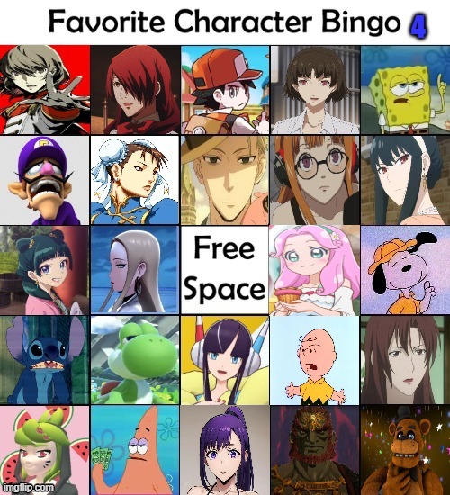 favorite character bingo 4 | image tagged in character bingo 4,gotta be one of my favorite genders,anime,videogames,cartoons,movies | made w/ Imgflip meme maker