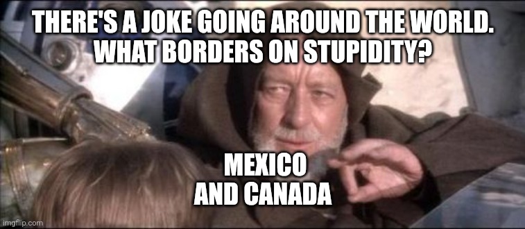 These Aren't The Droids You Were Looking For | THERE'S A JOKE GOING AROUND THE WORLD.
WHAT BORDERS ON STUPIDITY? MEXICO AND CANADA | image tagged in memes,these aren't the droids you were looking for | made w/ Imgflip meme maker