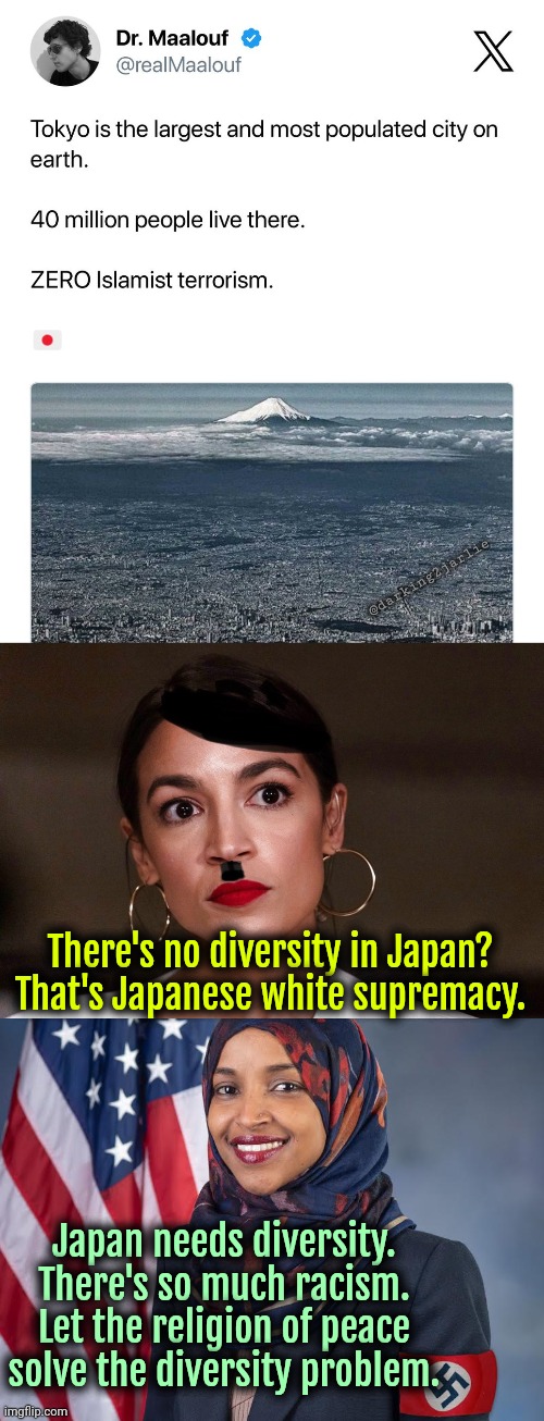 Comrades let's make racist Japan diverse! | @darking2jarlie; There's no diversity in Japan? That's Japanese white supremacy. Japan needs diversity. There's so much racism. Let the religion of peace solve the diversity problem. | image tagged in dictator dem,liberals,liberal logic,islam,diversity,japan | made w/ Imgflip meme maker