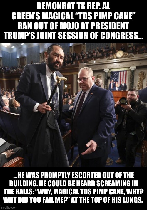 Maybe he should’ve also worn his pimp hat… | DEMONRAT TX REP. AL GREEN’S MAGICAL “TDS PIMP CANE” RAN OUT OF MOJO AT PRESIDENT TRUMP’S JOINT SESSION OF CONGRESS…; …HE WAS PROMPTLY ESCORTED OUT OF THE BUILDING. HE COULD BE HEARD SCREAMING IN THE HALLS: “WHY, MAGICAL TDS PIMP CANE, WHY? WHY DID YOU FAIL ME?” AT THE TOP OF HIS LUNGS. | image tagged in al green removal | made w/ Imgflip meme maker