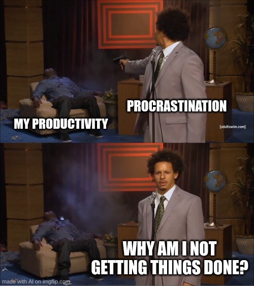 why so real | PROCRASTINATION; MY PRODUCTIVITY; WHY AM I NOT GETTING THINGS DONE? | image tagged in memes,who killed hannibal | made w/ Imgflip meme maker