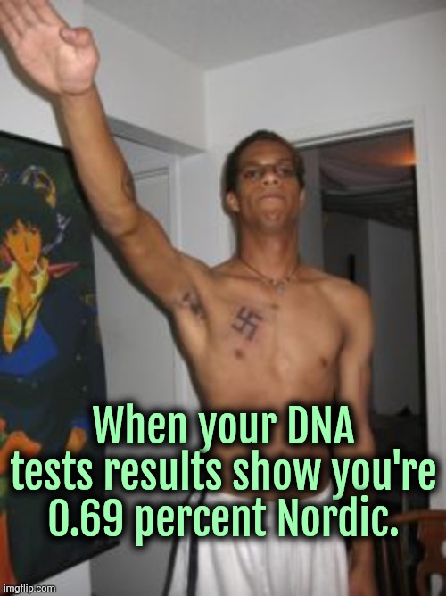 White Supremacy Confirmed | When your DNA tests results show you're 0.69 percent Nordic. | image tagged in black nazi cringelord,nazi,white supremacy,hitler | made w/ Imgflip meme maker