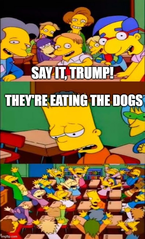 they're eating the dogs | SAY IT, TRUMP! THEY'RE EATING THE DOGS | image tagged in say the line bart simpsons,politics,political meme,the simpsons,trump,donald trump | made w/ Imgflip meme maker