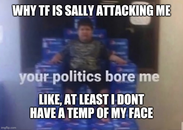 Your politics bore me | WHY TF IS SALLY ATTACKING ME; LIKE, AT LEAST I DONT HAVE A TEMP OF MY FACE | image tagged in your politics bore me | made w/ Imgflip meme maker