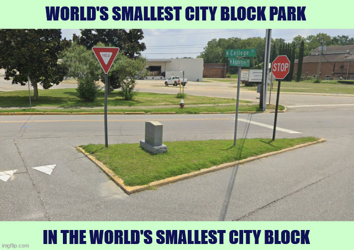 Now I actually want to visit Dothan, Alabama. | WORLD'S SMALLEST CITY BLOCK PARK; IN THE WORLD'S SMALLEST CITY BLOCK | image tagged in small,park,tiny,block,green,grass | made w/ Imgflip meme maker