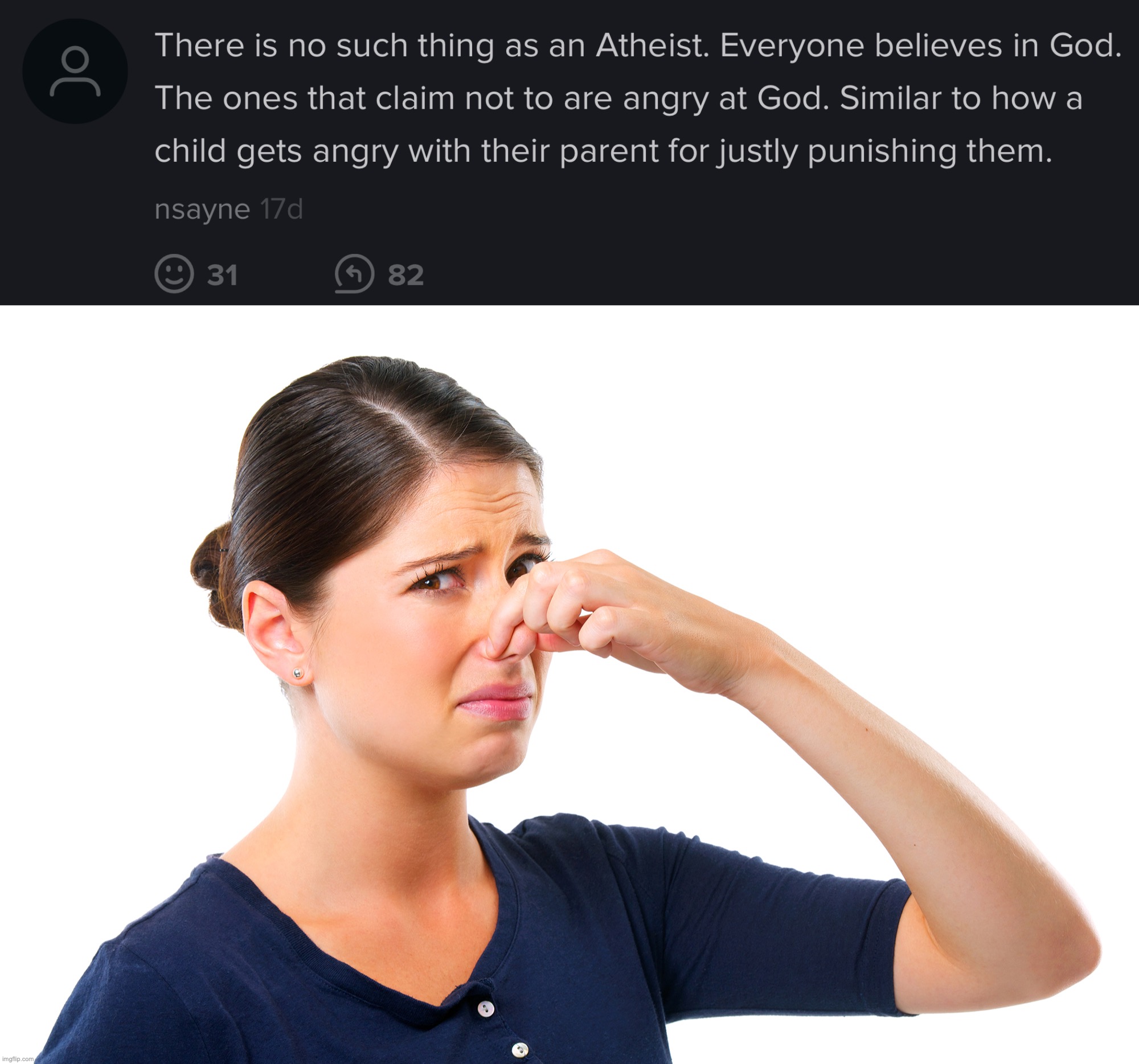 One of the most childish things I've ever read | image tagged in woman holding her nose | made w/ Imgflip meme maker