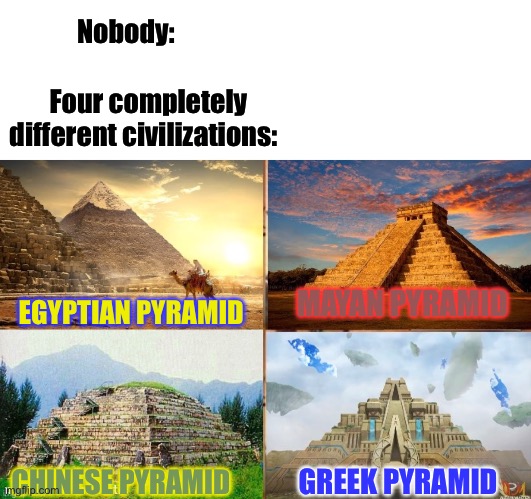 OK! Something strange is going on here! | Nobody:; Four completely different civilizations:; MAYAN PYRAMID; EGYPTIAN PYRAMID; CHINESE PYRAMID; GREEK PYRAMID | image tagged in conspiracy,architecture,history,memes | made w/ Imgflip meme maker