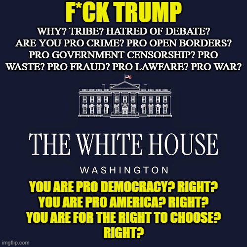 Just a question as to why | F*CK TRUMP; WHY? TRIBE? HATRED OF DEBATE? ARE YOU PRO CRIME? PRO OPEN BORDERS? PRO GOVERNMENT CENSORSHIP? PRO WASTE? PRO FRAUD? PRO LAWFARE? PRO WAR? YOU ARE PRO DEMOCRACY? RIGHT?
YOU ARE PRO AMERICA? RIGHT?
YOU ARE FOR THE RIGHT TO CHOOSE?
RIGHT? | image tagged in white house,democracy,america first,voters,constitution,maga | made w/ Imgflip meme maker