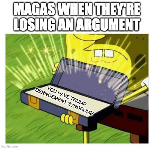 This slang is NOTHING MORE than a shield against constructive criticism. | MAGAS WHEN THEY'RE LOSING AN ARGUMENT; YOU HAVE TRUMP DERNGEMENT SYNDROME | image tagged in spongebob box,liberal,conservative logic,argument | made w/ Imgflip meme maker