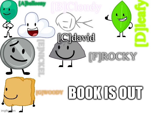 BVV 12 | [A]balloony; [B]Cloudy; [D]leafy; [C]david; [F]ROCKY; [E]NICKEL; [G]WOODY; BOOK IS OUT | image tagged in blank white template | made w/ Imgflip meme maker