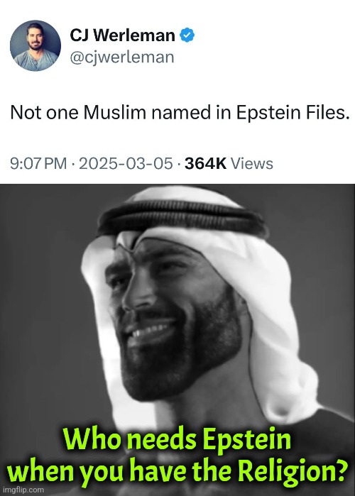 Who needs Jews when you got the juice | Who needs Epstein when you have the Religion? | image tagged in gigachad muslim,religion of peace,epstein,islam,jeffrey epstein | made w/ Imgflip meme maker