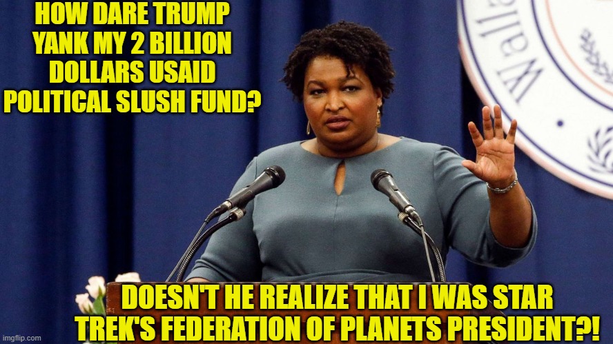 Oh how the leftist 'mighty' have fallen. | HOW DARE TRUMP YANK MY 2 BILLION DOLLARS USAID POLITICAL SLUSH FUND? DOESN'T HE REALIZE THAT I WAS STAR TREK'S FEDERATION OF PLANETS PRESIDENT?! | image tagged in yep | made w/ Imgflip meme maker