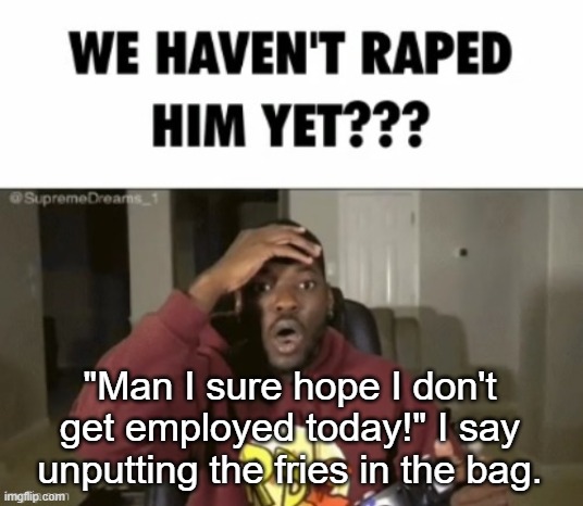 we have not | "Man I sure hope I don't get employed today!" I say unputting the fries in the bag. | image tagged in we have not | made w/ Imgflip meme maker
