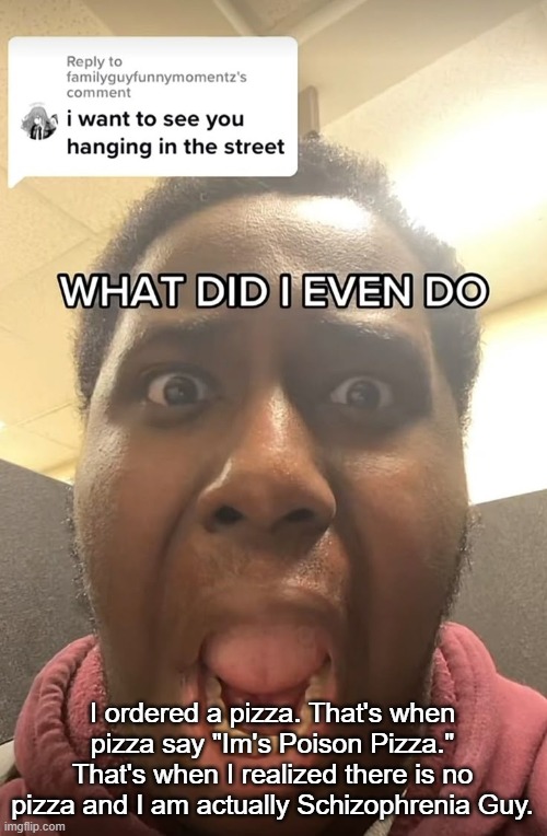 WHAT DID I EVEN DO??? | I ordered a pizza. That's when pizza say "Im's Poison Pizza." That's when I realized there is no pizza and I am actually Schizophrenia Guy. | image tagged in what did i even do | made w/ Imgflip meme maker
