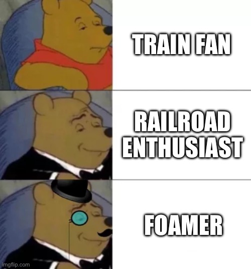 I prefer the term enthusiast. | TRAIN FAN; RAILROAD ENTHUSIAST; FOAMER | image tagged in fancy pooh,train,railfan,railroad,railroad enthusiast,foamer | made w/ Imgflip meme maker