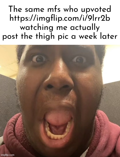 "I thought it was a joke..." headass | The same mfs who upvoted https://imgflip.com/i/9lrr2b watching me actually post the thigh pic a week later | made w/ Imgflip meme maker