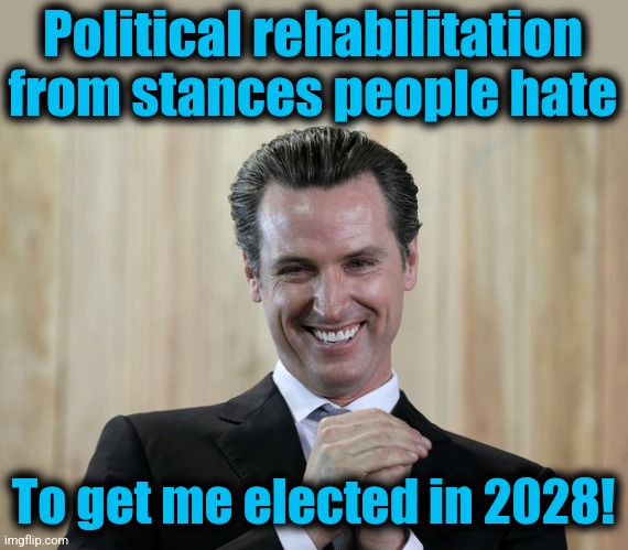 Scheming Gavin Newsom  | Political rehabilitation from stances people hate To get me elected in 2028! | image tagged in scheming gavin newsom | made w/ Imgflip meme maker