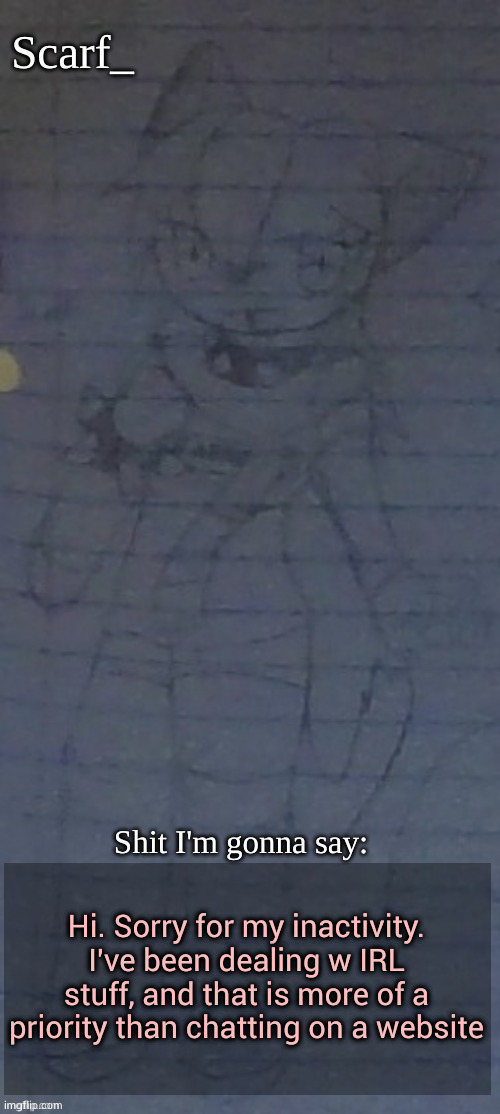 Scarf annoncement template (drawing by Scarfs irl friend) | Hi. Sorry for my inactivity. I've been dealing w IRL stuff, and that is more of a priority than chatting on a website | image tagged in scarf annoncement template drawing by scarfs irl friend | made w/ Imgflip meme maker