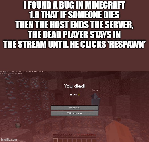 Bug in Minecraft 1.8 | I FOUND A BUG IN MINECRAFT 1.8 THAT IF SOMEONE DIES THEN THE HOST ENDS THE SERVER, THE DEAD PLAYER STAYS IN THE STREAM UNTIL HE CLICKS 'RESPAWN' | made w/ Imgflip meme maker