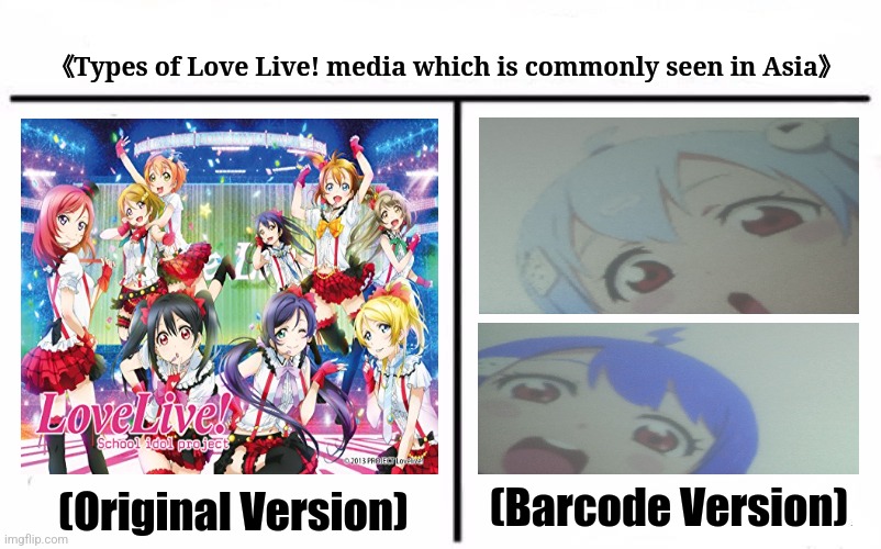 Who Would Win Blank | 《Types of Love Live! media which is commonly seen in Asia》; (Barcode Version); (Original Version) | image tagged in memes,weebs,trash | made w/ Imgflip meme maker