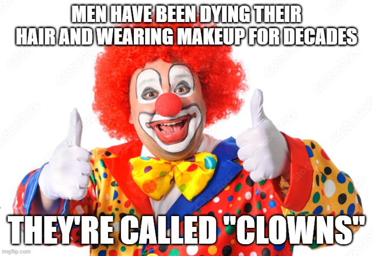 Clowns | MEN HAVE BEEN DYING THEIR HAIR AND WEARING MAKEUP FOR DECADES; THEY'RE CALLED "CLOWNS" | image tagged in democrat,makeup,wigs | made w/ Imgflip meme maker