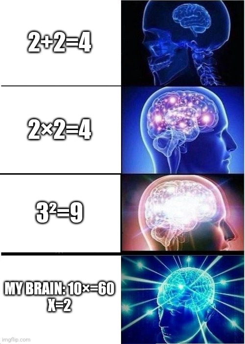 Expanding Brain | 2+2=4; 2×2=4; 3²=9; MY BRAIN: 10×=60
X=2 | image tagged in memes,expanding brain | made w/ Imgflip meme maker