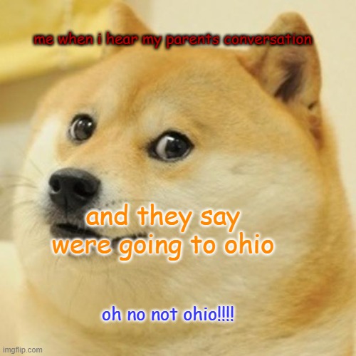 Doge Meme | me when i hear my parents conversation; and they say were going to ohio; oh no not ohio!!!! | image tagged in memes,doge | made w/ Imgflip meme maker