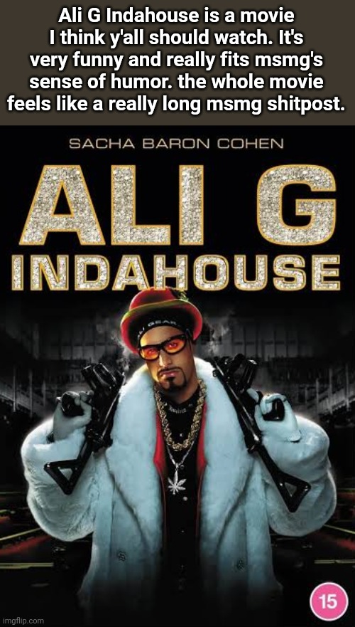 me recommending 29728 movies to msmg | Ali G Indahouse is a movie I think y'all should watch. It's very funny and really fits msmg's sense of humor. the whole movie feels like a really long msmg shitpost. | made w/ Imgflip meme maker