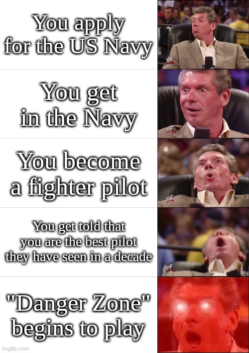 A feeling that no human should be able to experience | You apply for the US Navy; You get in the Navy; You become a fighter pilot; You get told that you are the best pilot they have seen in a decade; "Danger Zone" begins to play | image tagged in vince mcmahon 5 tier,top gun,us navy,fighter jet,military | made w/ Imgflip meme maker