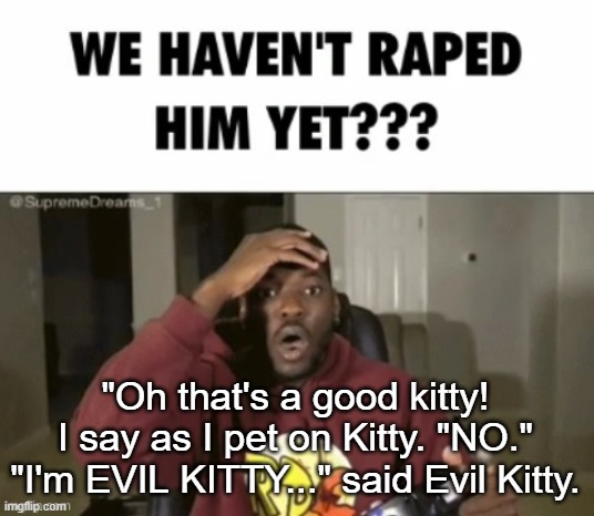 we have not | "Oh that's a good kitty! I say as I pet on Kitty. "NO." "I'm EVIL KITTY..." said Evil Kitty. | image tagged in we have not | made w/ Imgflip meme maker