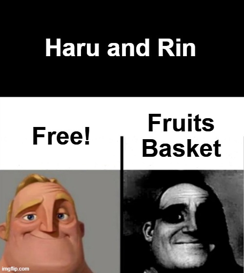 Free! is good and Fruits Basket is sad | Haru and Rin; Fruits Basket; Free! | image tagged in teacher's copy,anime,memes | made w/ Imgflip meme maker