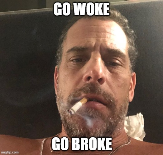 $$$$ up in smoke | GO WOKE; GO BROKE | image tagged in hunter biden | made w/ Imgflip meme maker