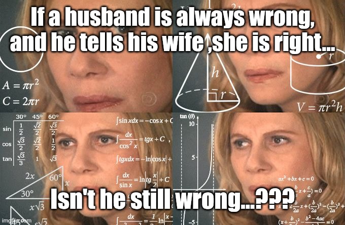 Husband's... | If a husband is always wrong, and he tells his wife ,she is right... Isn't he still wrong...??? | image tagged in calculating meme | made w/ Imgflip meme maker