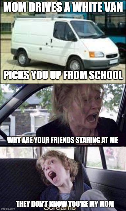 MOM DRIVES A WHITE VAN; PICKS YOU UP FROM SCHOOL; WHY ARE YOUR FRIENDS STARING AT ME; THEY DON'T KNOW YOU'RE MY MOM | image tagged in the white van,why can't you just be normal | made w/ Imgflip meme maker