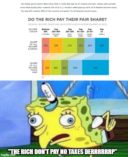 the left is so out of touch , you can even debate them anymore.  Might as well just punch um in the face with facts and move on. | "THE RICH DON'T PAY NO TAXES DERRRRRRP" | image tagged in spongebob stupid,stupid liberals,truth,taxes,donald trump approves | made w/ Imgflip meme maker