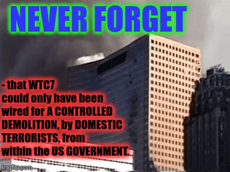 Building 7 Didn't Kill Himself | NEVER FORGET - that WTC7 could only have been wired for A CONTROLLED DEMOLITION, by DOMESTIC TERRORISTS, from within the US GOVERNMENT. | image tagged in building 7 didn't kill himself | made w/ Imgflip meme maker