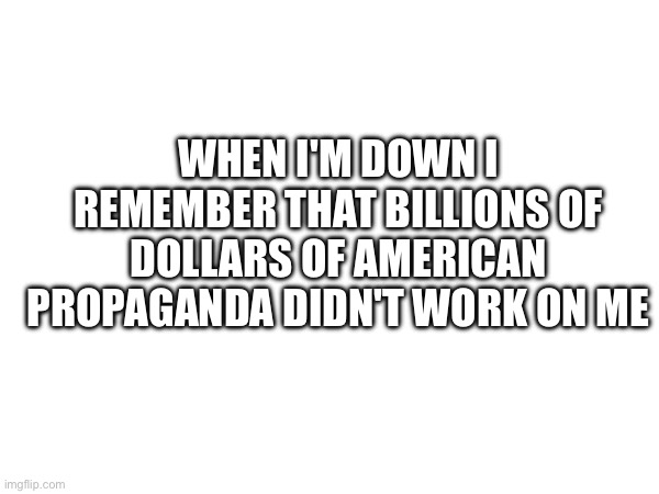 I remember | WHEN I'M DOWN I REMEMBER THAT BILLIONS OF DOLLARS OF AMERICAN PROPAGANDA DIDN'T WORK ON ME | image tagged in propaganda | made w/ Imgflip meme maker