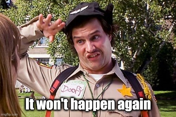 Special Officer Doofy | It won't happen again | image tagged in special officer doofy | made w/ Imgflip meme maker