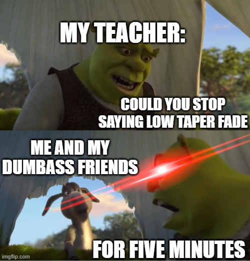 FOR FIVE MINUTES | MY TEACHER:; COULD YOU STOP SAYING LOW TAPER FADE; ME AND MY DUMBASS FRIENDS; FOR FIVE MINUTES | image tagged in shrek for five minutes | made w/ Imgflip meme maker