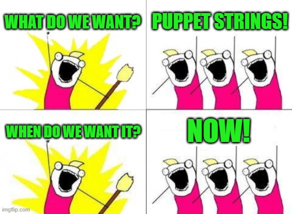 What Do We Want Meme | WHAT DO WE WANT? PUPPET STRINGS! WHEN DO WE WANT IT? NOW! | image tagged in memes,what do we want | made w/ Imgflip meme maker