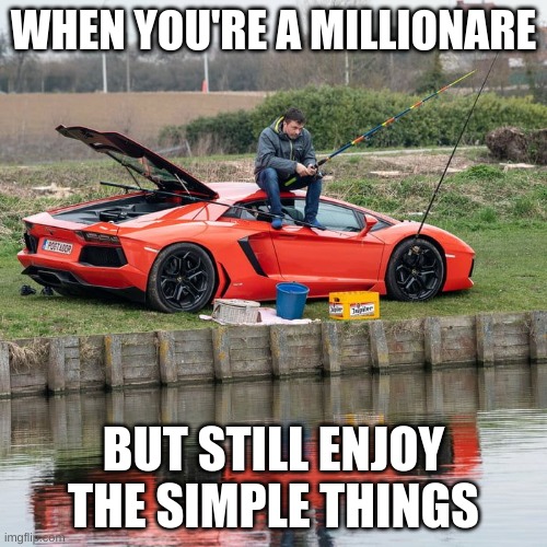 Belgian Fisher | WHEN YOU'RE A MILLIONARE; BUT STILL ENJOY THE SIMPLE THINGS | image tagged in belgian fisher | made w/ Imgflip meme maker